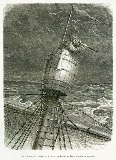Tønden af bådens ur Bevist, tegning af Riou, for at illustrere historien om professor Nils Adolf Erik (Eric) Baron Nordenskjold (Nordenskiold) (1832-1901): Svensk polarekspedition, i 1875. Indgravering i Le tour du monde af Edouard Riou