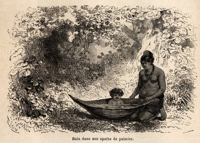 Barnets bad i et palmeblad. Tegning af Riou, for at illustrere rejsen fra Stillehavet til Atlanterhavet af Edouard Riou