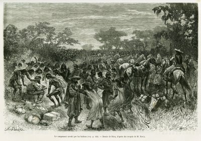 Lejren invaderet af indianerne. Gravering af Riou, for at illustrere historien Voyage dans le Chaco Boreal af Edouard Riou