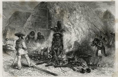 Ligbrændingen af en Roucouyenne (eller wayana), stamme, der bor langs floderne Mana og Maroni, vendt mod Bucher, Dr. Crevaux, gravering af Riou, for at illustrere udforskningsrejsen i det indre af Guyana af Dr. Jules Crevaux, læge i den franske flåde, af Edouard Riou