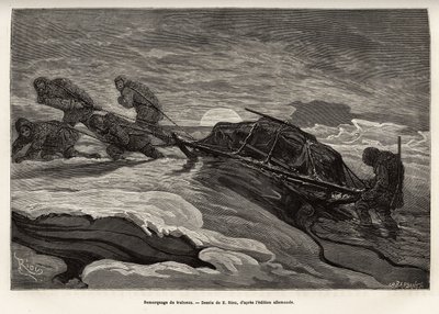 Besætningen på skibet La Germania, der steg ned på isen for et jagtspil, fortsatte med at trække deres slæde på isen, mens solen går ned, gravering efter tegningen af E.Riou, der illustrerer en rejse til Nordpolen i 1869- 1870 af kaptajnen på skibet La af Edouard Riou