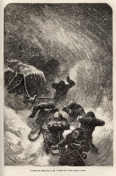 Besætningen på skibet La Germania, der kom ned på isen for et jagtspil, blev overrasket af en snestorm under bugseringen af slæden, der indeholdt deres materiale, gravering efter tegningen af E.Riou, der illustrerer en rejse til Nordpolen i 1869-1870 af af Edouard Riou