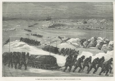 Alert-slædernes afgang, polarekspeditionens skib, tegnet af Riou, for at illustrere historien om en rejse til polarhavet i 1875-1876, af kaptajn G.S.Nares. Indgravering i Le tour du monde af Edouard Riou