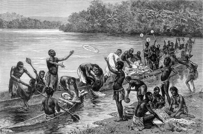 De forskellige aktiviteter for stammen i landsbyen Adouma i Afrika. I "" Journey in the West African "" af Brazza af Edouard Riou