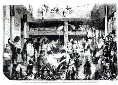 Afgangsaftenen til Amerika - Tyske emigranter, der rejser til U.S.A. i styresektionen af et amerikansk linjeskib ved havnen i Le Havre, ca. 1850 af Edouard Riou