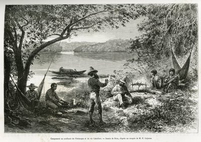 Opdagelsesrejsendes lejr, ved sammenløbet af Orenoque og Cabullero-floden. Gravering af Riou, for at illustrere udforskningsrejsen gennem New Granada og Venezuela, af Doctor Crevaux, førsteklasses læge i flåden og E.Lejeanne, marine pharma af Edouard Riou