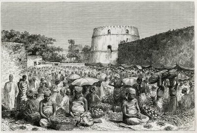Frugtmarkedet på Zanzibar (Tanzania). Gravering af Riou, for at illustrere historien "" Rejsen til Benadir, Omalierne og Bayoun "", i 1882-1883, af M.G. Revoil. Udgivet i Le Tour du monde, nouveau journal des voyages af Edouard Riou