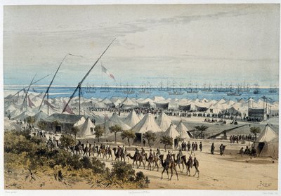 Ismalias havn og gæsternes lejr ved indvielsen af Suez-kanalen - i "Through the Isthmus of Suez"" af Riou, Marius Fontaine af Edouard Riou