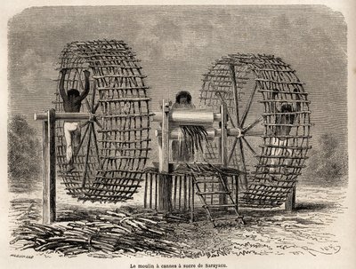 Møllen til at male sukkerrør fra Sarayacu (Peru), tegning af Riou, for at illustrere Paul Marcoys rejse fra Stillehavet til Atlanterhavet fra 1848 til 1860. Indgravering i "" Le tour du monde"", redigeret af Edouard Charton af Edouard Riou