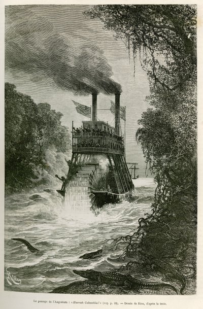 Passagen af Angostura (Colombia), af ekspeditionens dampbåd, tegnet af E.Riou, for at illustrere rejsen til jævndøgnsamerika (Colombia, Ecuador, Peru), i 1875-1876, af Edouard Andre (1833-1894) , rejsende beskyldt for en mission af Fr af Edouard Riou