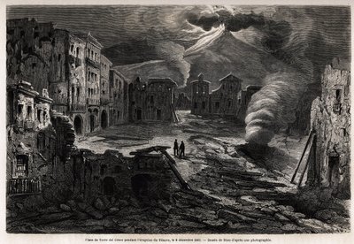Torvet i Torre del Greco, under Vesuves udbrud, 8. december 1861, tegning af Riou, for at illustrere vandreture omkring Napoli af Marc Monnier, i 1862. Indgravering i "" Le tour du monde"", redigeret af Edouard Charton af Edouard Riou