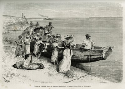 Starten på gummiforskere, i nærheden af Tabatinga (øvre Amazonas-region). Gravering af Riou, for at illustrere historien om Cayenne aux Andes, af Jules Crevaux, læge for den franske flåde, i 1878-1879, udgivet i Tour du monde, under ledelse af Edouard Riou