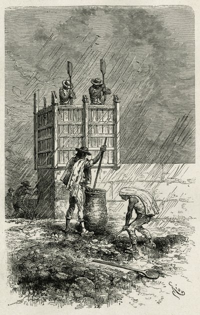 Tapialen, en gammel teknik til at bygge lervægge ved hjælp af en træforskalling, kompakt af marmelade og tør af solen, gravering af Riou, for at illustrere historien L