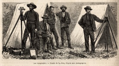 Holdet af topografer med deres materiale, fra den amerikanske geologiske mission, gravering efter tegningen af F.Riou, der illustrerer et sæt geografiske missioner gennem United States National Park, fra 1870 til 1872, af hr. Hayden, Doane og Langf af Edouard Riou