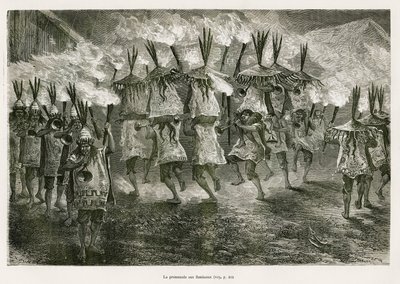 Fakkelturen gennem San Joses gader, tegnet af E.Riou, for at illustrere rejsen i Titicaca-regionen og dalene i den østlige del af Nedre Peru, i 1873 af Paul Marcoy. Indgravering i Le tour du monde af Edouard Riou