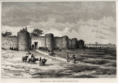Byen Tiong-Gi (Tiong Gi, Mali), med sine fæstningsværker og lertårne. Gravering af Riou, for at illustrere historien "" Fra Niger til Guineabugten"" af kaptajn Louis Gustave Binger (1856-1936), i 1887-1889, i Le tour du monde, nouveau journal af Edouard Riou