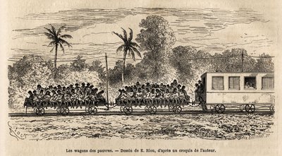 De fattiges vogn af de paraguayanske tog, enkle perroner fastgjort til togenes hale, hvorpå passagerer hober sig op på hinanden efter afgang fra Assumption-stationen, indgravering efter tegningen af E.Riou, der illustrerer rejsen til P af Edouard Riou