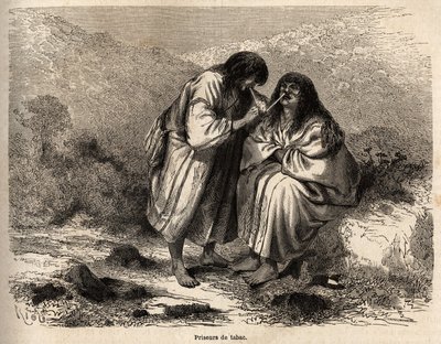 Tobaksauktioner, makeup efter traditionen fra Antis-stammen (Peru), tegning af Riou, der illustrerer Paul Marcoys rejse fra Stillehavet til Atlanterhavet fra 1848 til 1860. Indgravering i "" Le tour du monde"", redigeret af Edouard af Edouard Riou