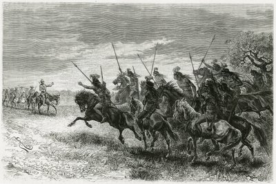 Tobas-indianere (fra Chaco-regionen, mellem Paraguay og Bolivia) nægter at passere til kolonnen på Thouar-ekspeditionen. Gravering af Riou, for at illustrere historien "" På jagt efter resterne af Crevaux-missionen", i 1884, af A.Thouar (1853- disapp) af Edouard Riou