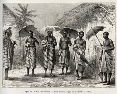 Tone type med deres paraply. Gravering af Riou, for at illustrere historien "" Fra Niger til Guineabugten"" af kaptajn Louis Gustave Binger (1856-1936), i 1887-1889, i Le tour du monde, nouveau journal des voyages, under ledelse af Edouard Char af Edouard Riou