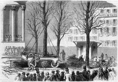 Transplantation af træer på Place de la Bourse i Paris i vinteren 1858. Indgravering af Riou i "" Le Monde Illustré"" nr. 46 af 27. februar 1858. af Edouard Riou