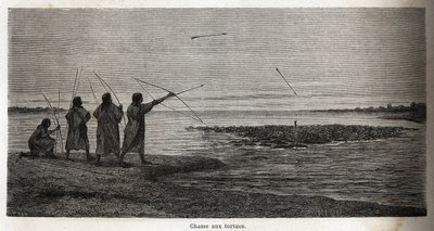 Skildpaddejagt blandt de indiske coniboer i Peru, tegning af Riou for at illustrere P. Marcoys rejse fra 1848 til 1860, fra Stillehavet til Atlanterhavet. Indgravering i "" Le tour du monde"", redigeret af Edouard Charton af Edouard Riou