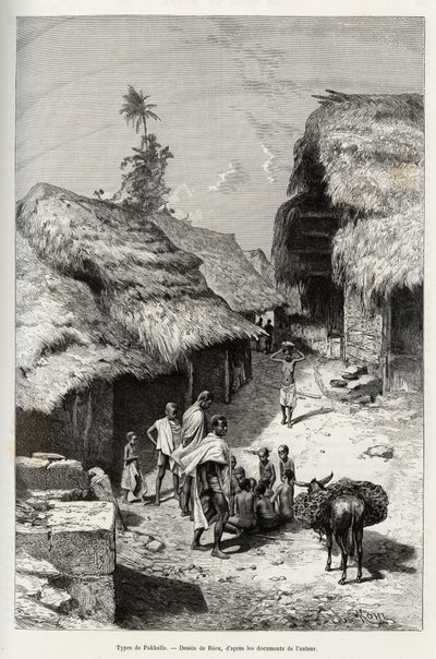 Typer af Pakhala (Elfenbenskysten). Gravering af Riou, for at illustrere historien "" Fra Niger til Guineabugten"" af kaptajn Louis Gustave Binger (1856-1936), i 1887-1889, i Le tour du monde, nouveau journal des voyages, under ledelse af Edouard Cha af Edouard Riou