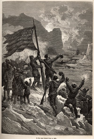 Tysons besætning, efter flere dages drift på et isbjerg, så endelig en hvalfanger og viftede med det amerikanske flag for at blive set og reddet, indgraveret efter en tegning af E.Riou, der illustrerer historien om Polaris, isflåden, af løjtnant Tyson, i 1 af Edouard Riou