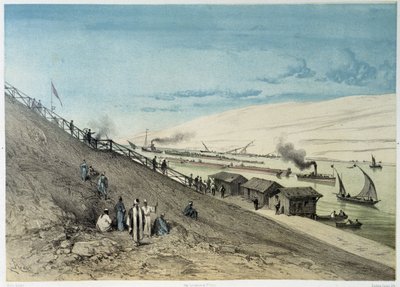 Udsigt over kanalen i "" Indvielse af Suez-kanalen af G. Nicole. 1869 af Edouard Riou