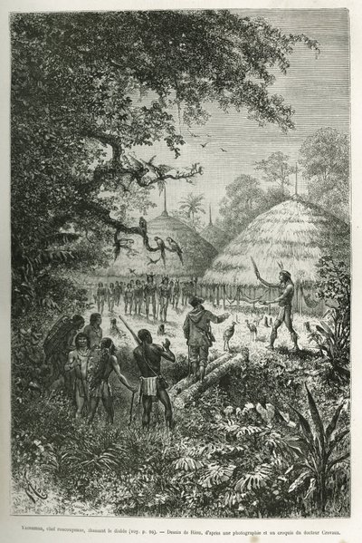 Yacouman, Roucouyenne-høvding, Guiana-stammen ved bredden af Oyapock, jager djævelen, han går gennem landsbyen efter et barns fødsel, drysser en mælkehvid væske med en fjerpensel, graverer efter en tegning af Riou, for at illustrere det af Edouard Riou