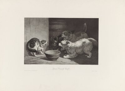 Blæsende kat og tre gøende hunde ved en underkop Tre mod én af Edouard Taurel