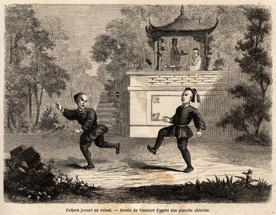 Kinesiske børn, der leger ved rattet (læderkugle, tunge metalringe og implanterede 3 lange fjer), under opsyn af deres mor, tegning af Vaumort (? -1886), for at illustrere rejsen fra Shanghai til Moskva, fra 1859 til 1862, af M. de Bourb af Edouard Vaumort