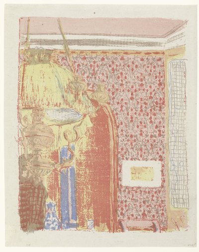 Interiør sætter Roze Behang i lampe Interiør med lyserøde hængninger Landschappen i Interrieurs (serietitel) Landskaber og interiør (serietitel) af Edouard Vuillard