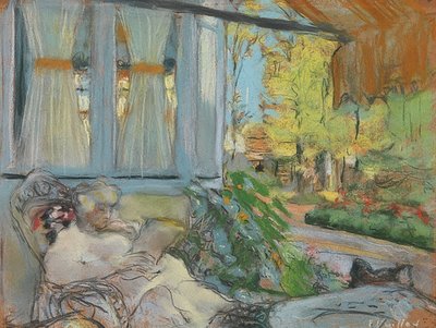 Madame Hessel auf der Terrasse lesend (Madama Hessel læser på terrassen i Clos Cézanne). Um 1920-25 af Edouard Vuillard