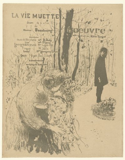 Forside til programhæfte med kvinde med to børn og mand i parken til leg La vie muette med liste over roller og skuespillere La vie muette af Edouard Vuillard