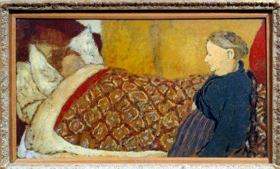 Vuggevisen En bedstemor synger en vuggevise eller fortæller en historie til et barn i søvn. Kartonmaroufle på træpanel Parqueque d"Edouard Vuillard af Edouard Vuillard