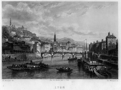 Udsigt over byen Lyon, Rhone-afdelingen, Rhone-Alpes-regionen, Frankrig. Indgravering af Willmann i "La France ancienne et moderne"" af Jean-Bernard Mary-Lafon (Jean Bernard Mary Lafon) af Edouard Willmann