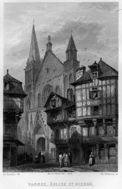 Udsigt over byen Vannes og kirken Saint Pierre, Morbihan, Bretagne, Frankrig. Indgravering af Willmann i "La France ancienne et moderne" "af Jean-Bernard Mary-Lafon (Jean Bernard Mary Lafon) af Edouard Willmann
