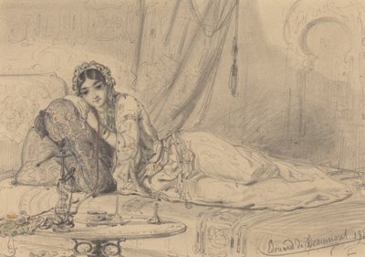 En mellemøstlig kvinde, der læner sig tilbage i eksotiske omgivelser af Edouard de Beaumont