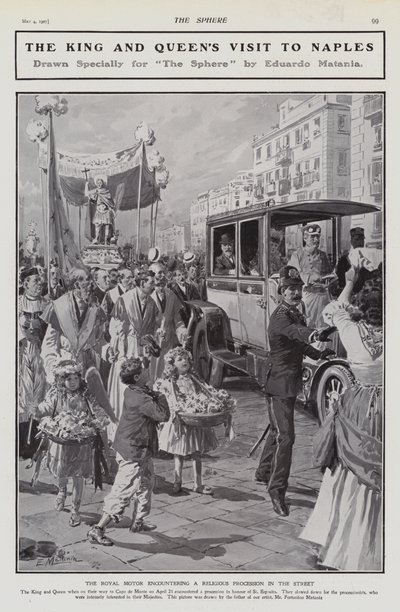 Kong Edward VII og dronning Alexandra møder en religiøs procession på en gade under deres besøg i Napoli, Italien af Edouardo Matania