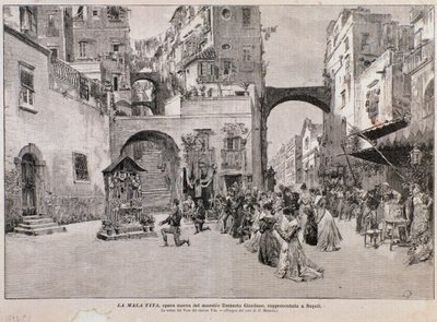 Repræsentation af Vitos afstemning fra La Mala Vita, Opera af Umberto Giordano (gravering) af Edouardo Matania