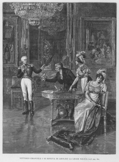 Vittorio Emanuele I nægter at afskaffe den saliske lov (gravering) af Edouardo Matania