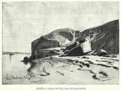 Nilens bredder nær Kom Ombo, Egypten (litho) af Eduard (after) Hildebrandt