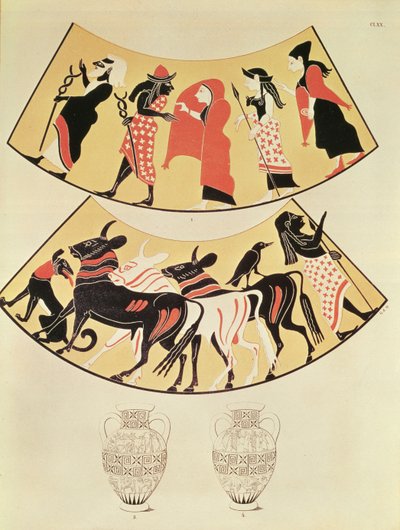 Designs fra en etruskisk vase, der forestiller en procession af præster og markerer en ny bys grænser ved hjælp af en oksetrukne plov af Eduard Gerhardt