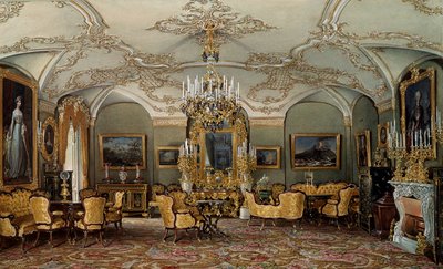 Udsigt over Salonen af Alexandra Fyodorovna (Fedorovna eller Feodorovna eller Charlotte af Preussen (1798-1860)), kone til zar Nicholas I på Gatchina Palace. Akvarel tilskrevet Eduard (Edouard) Hau (1807-1870) Sankt Petersborg fra det 19. århundrede, Eremi af Eduard Hau