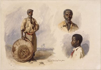 Tre portrætter af afro-brasilianere: helfigur, stående med en kurv, et brystbillede af en mand set forfra og et af en dreng set i profil af Eduard Hildebrandt
