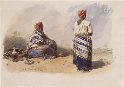 To farvede gadesælgere; den ene sidder ved siden af et bakke, den anden står set bagfra af Eduard Hildebrandt