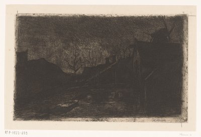 Landskab med huse og mølle om natten af Eduard Karsen (signed by artist)
