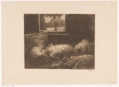 Grise i stald af Eduard Karsen (signed by artist)