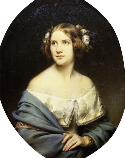 Portræt af Jenny Lind, stående halvlængde i en hvid kjole og et lyseblåt sjal, af Eduard Magnus